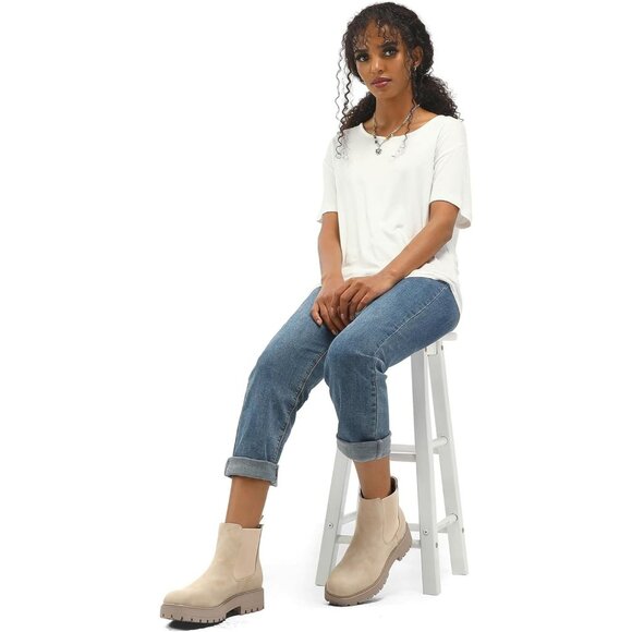 Women's Beige Chelsea Low Chunky Heel Slip On Lug Sole Elastic Ankle Booties - Picture 7 of 7